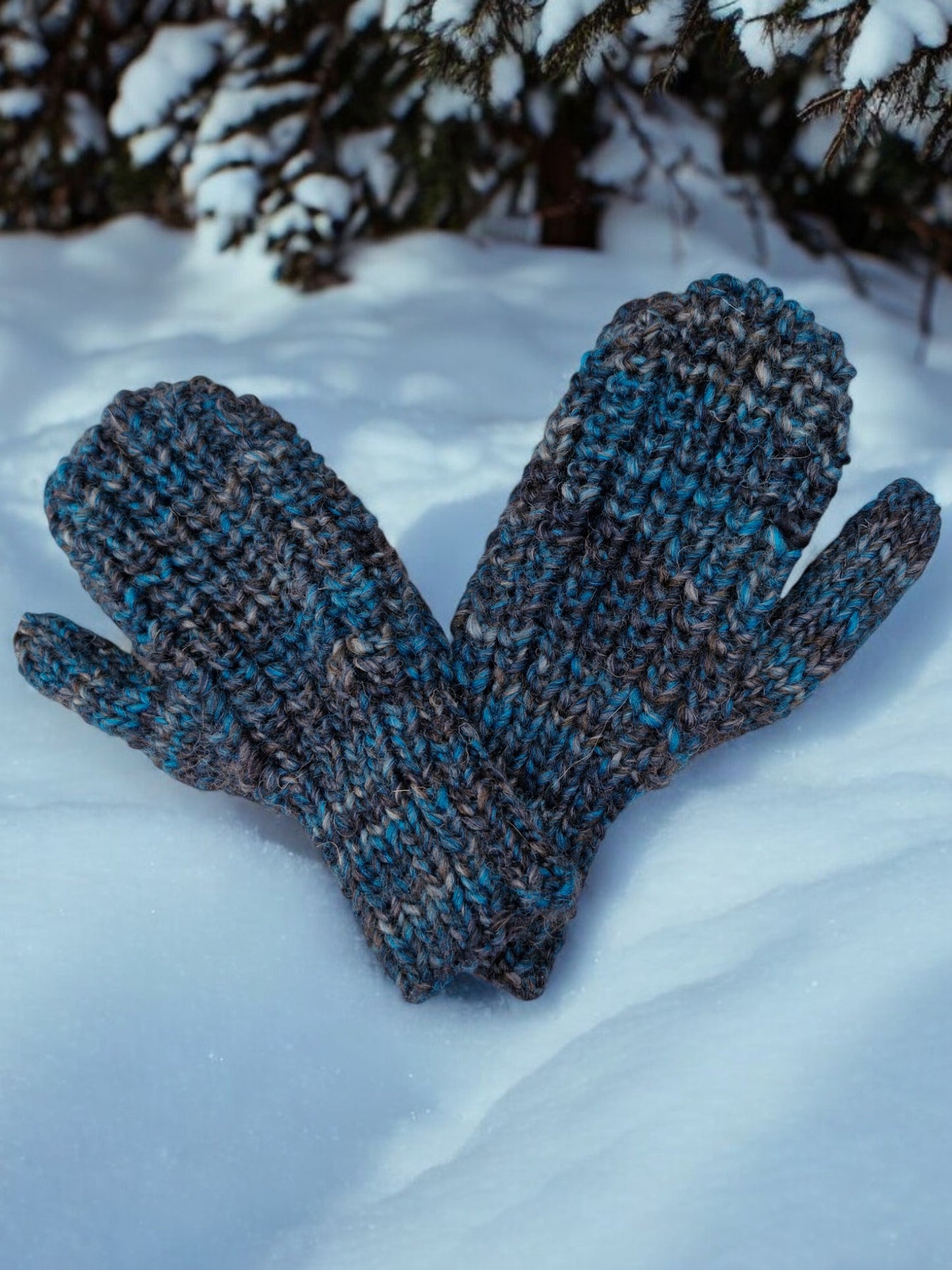 Adult's Hat and Mittens - Handmade Knitted Chunky Dark Grey Teal Tweed