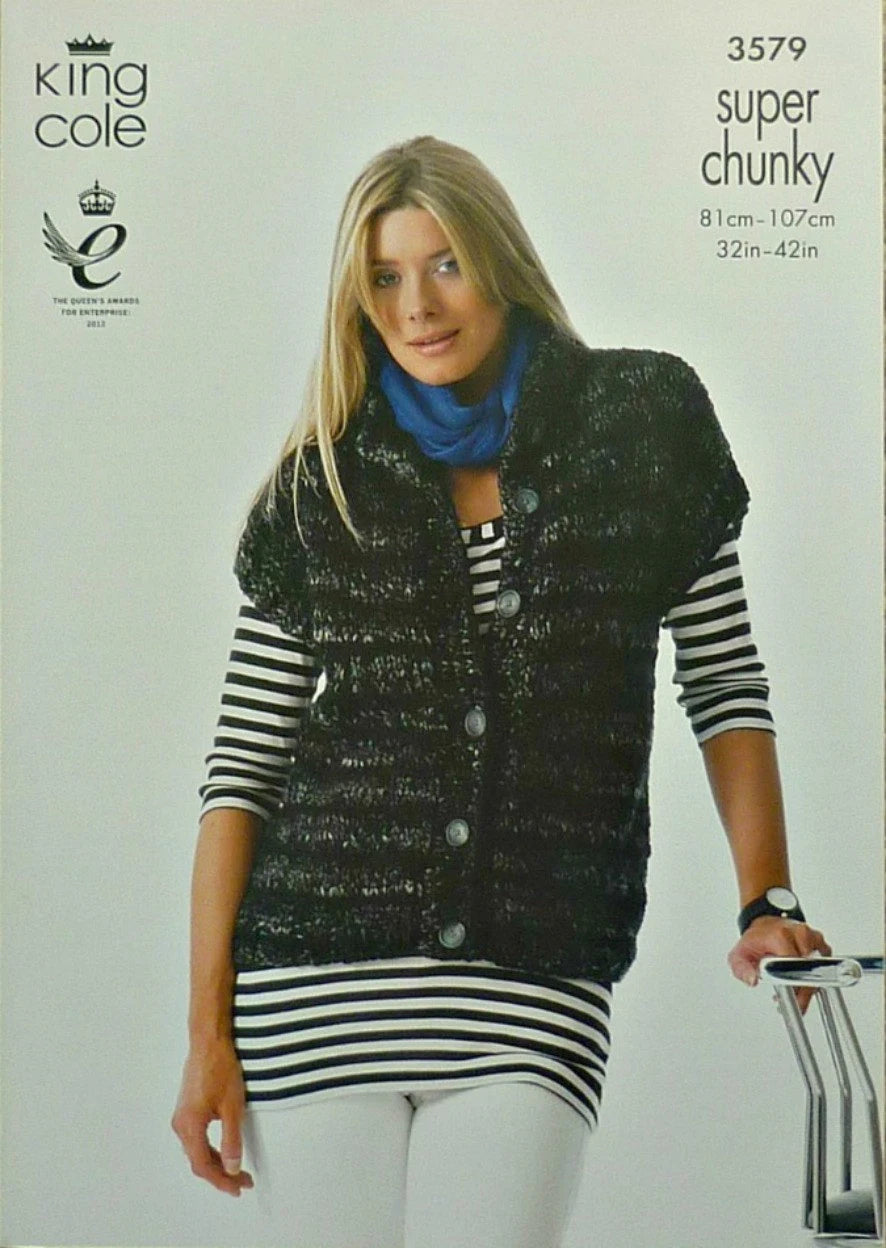 Knitting Pattern Ladies Easy Knit Hooded Sleeveless Gilet & Jacket Super Chunky King Cole (No. 3579)