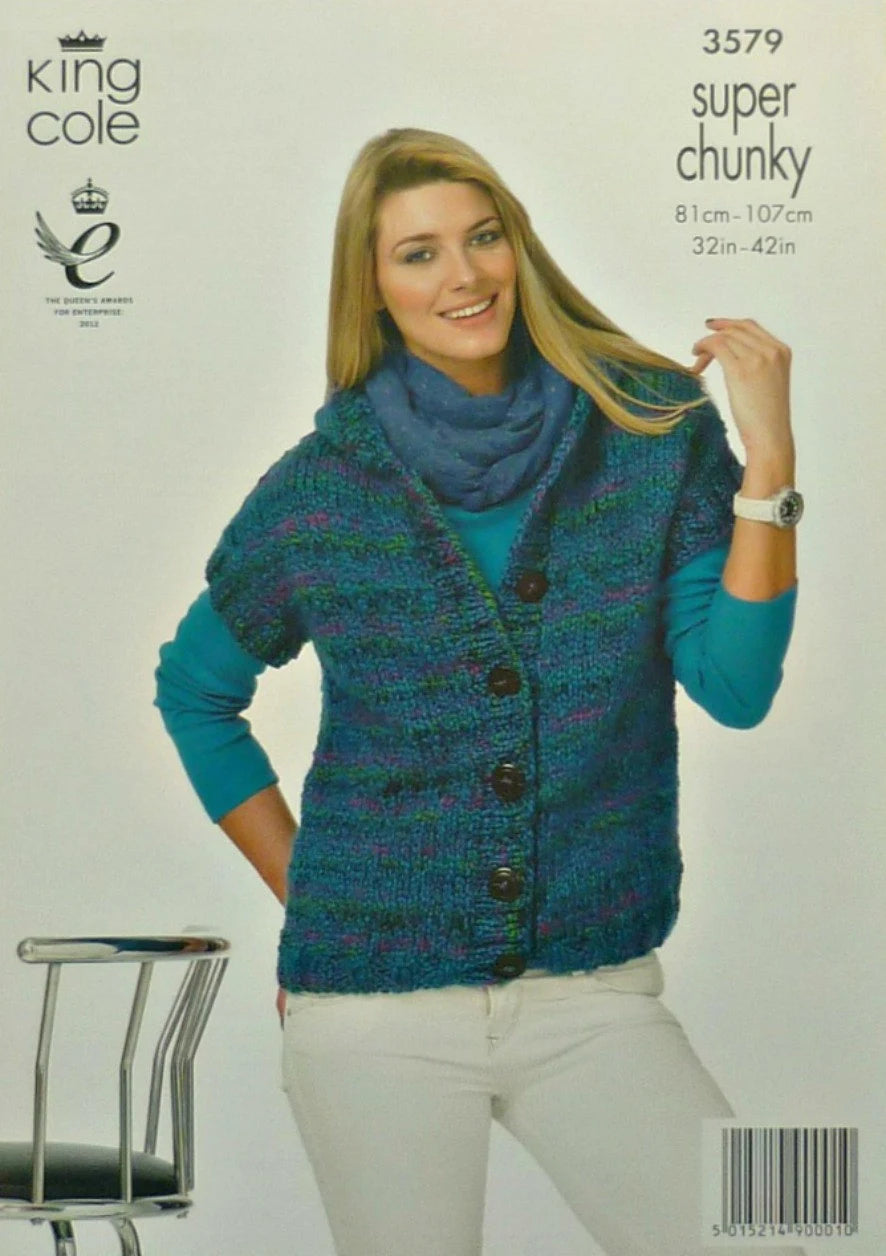 Knitting Pattern Ladies Easy Knit Hooded Sleeveless Gilet & Jacket Super Chunky King Cole (No. 3579)