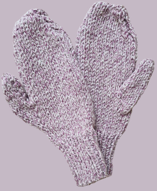 Adult's Mittens - Handmade Knitted Chunky in Lilac and White