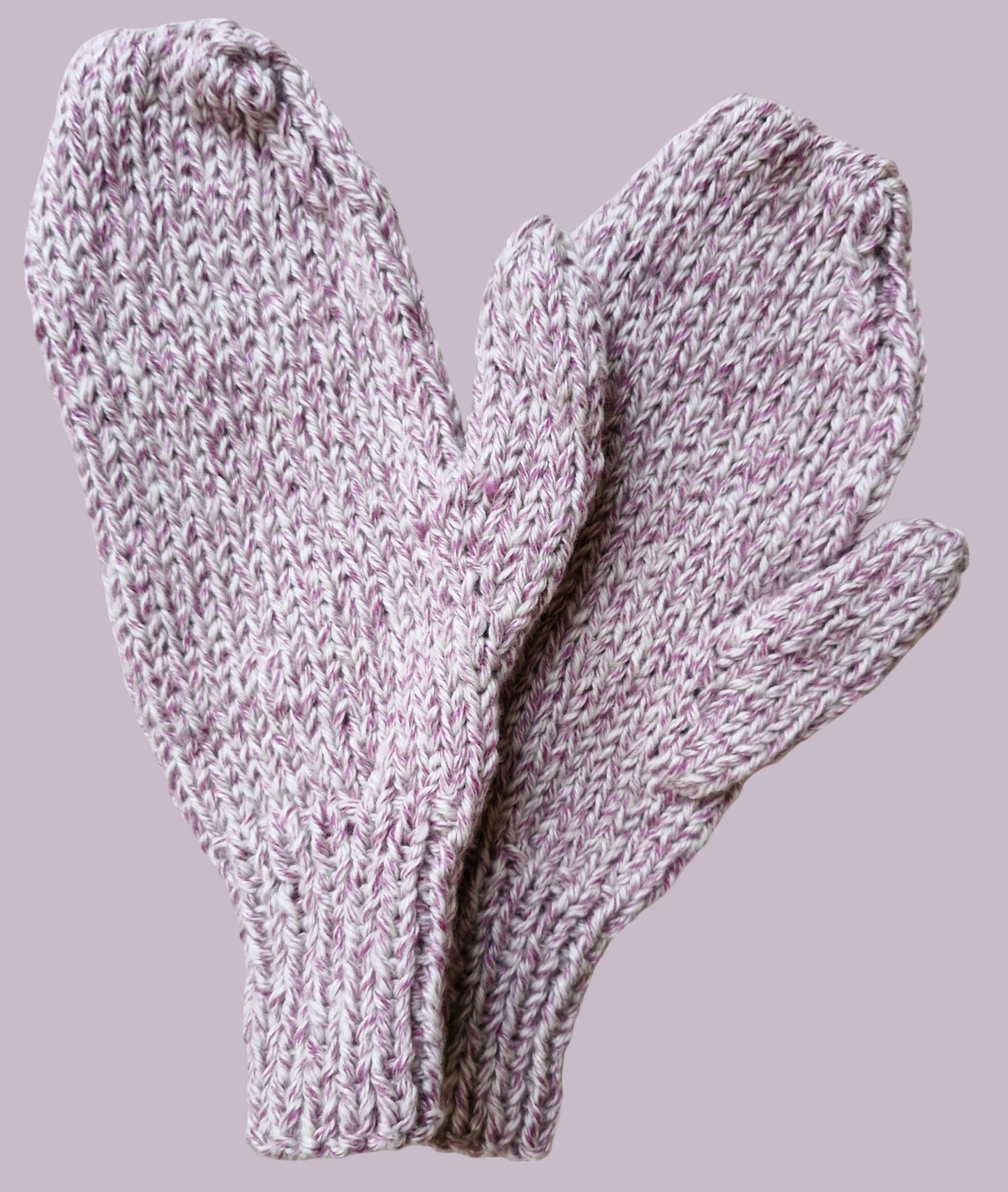 Adult's Mittens - Handmade Knitted Chunky in Lilac and White