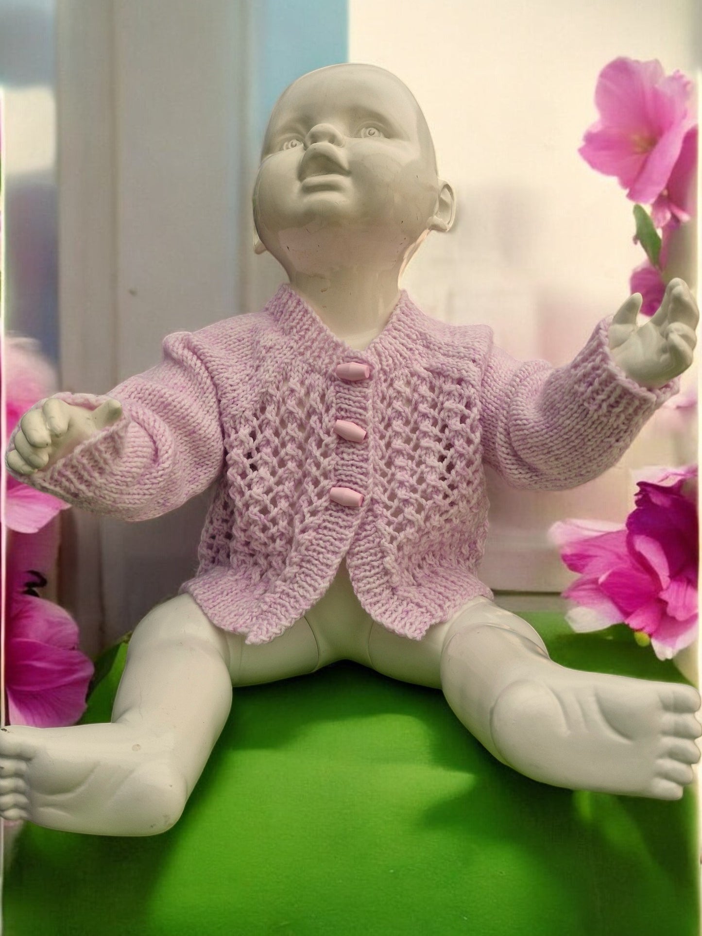 Baby's Hand Knitted Lacy Lilac Cardigan