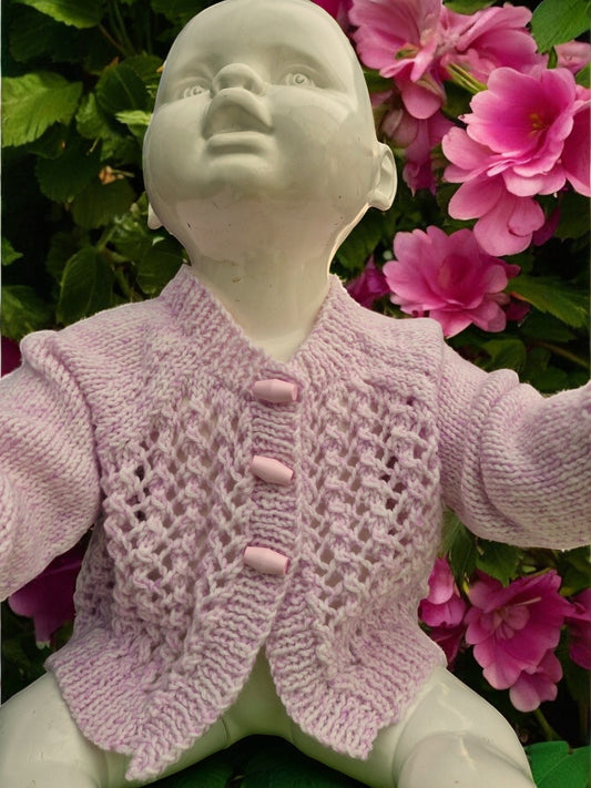 Baby's Hand Knitted Lacy Lilac Cardigan