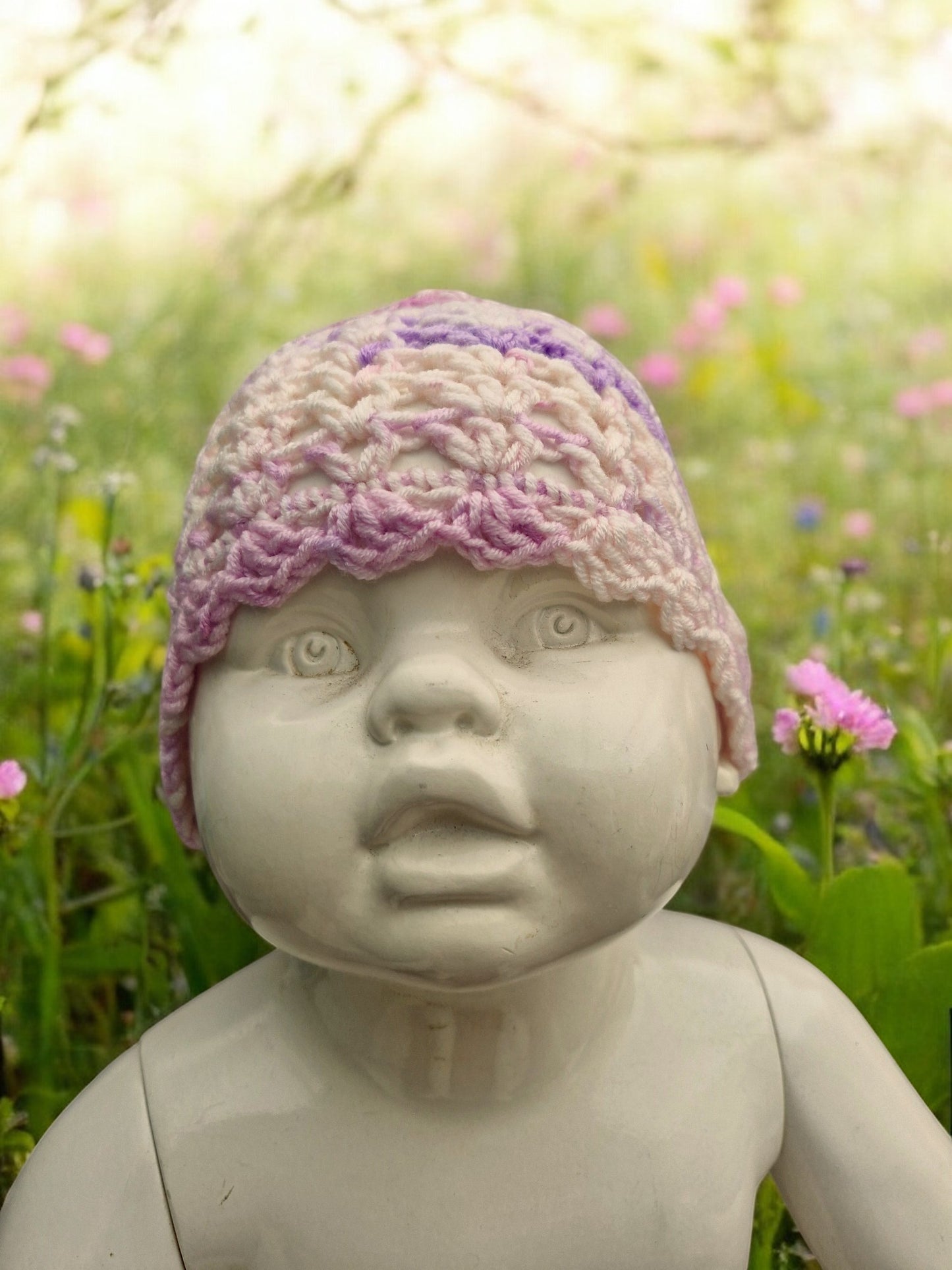 Baby's Handmade Crochet Lace Hat - Purple, Mauve, Lilac, White mix