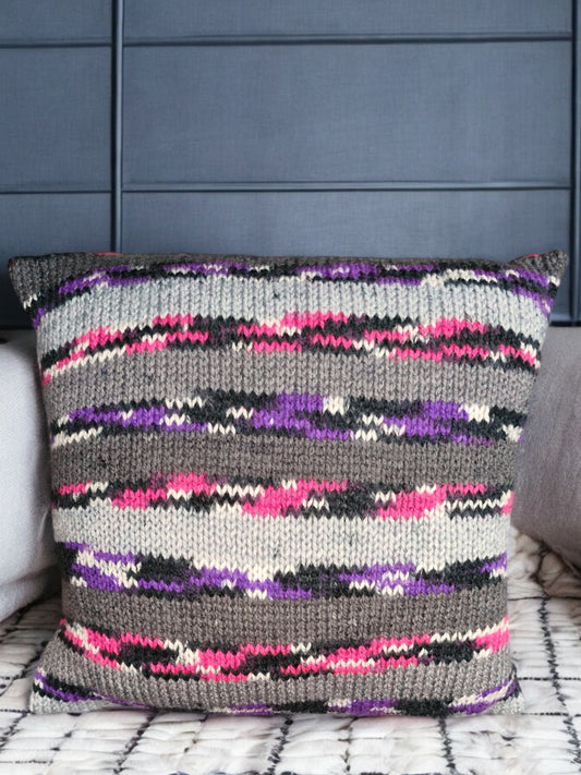 Handmade Knitted Chunky Cushion Cover - Grey with Multi Colour Stripe