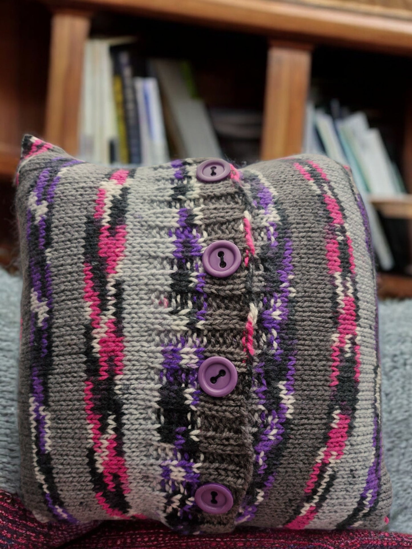 Handmade Knitted Chunky Cushion Cover - Grey with Multi Colour Stripe