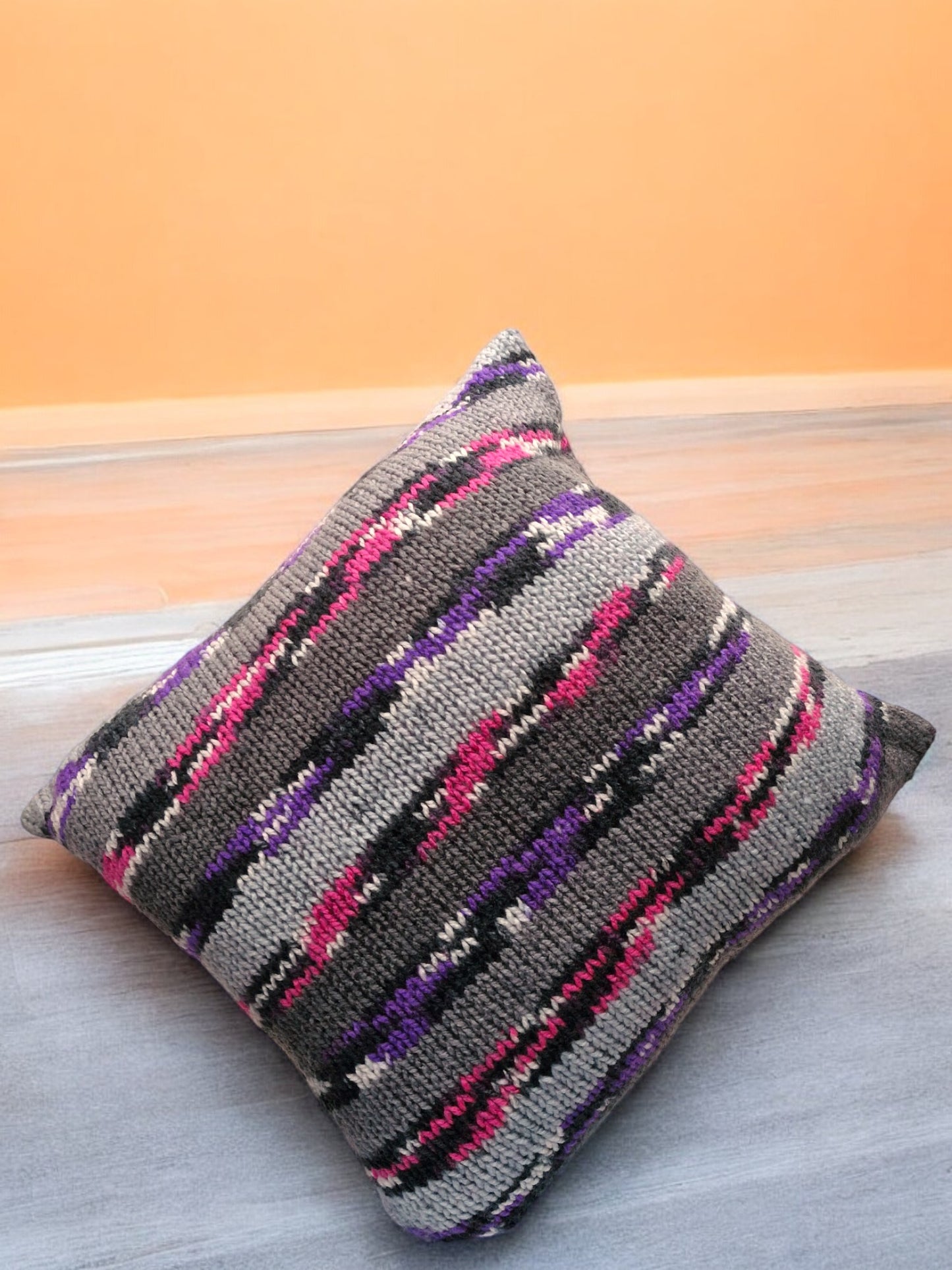 Handmade Knitted Chunky Cushion Cover - Grey with Multi Colour Stripe