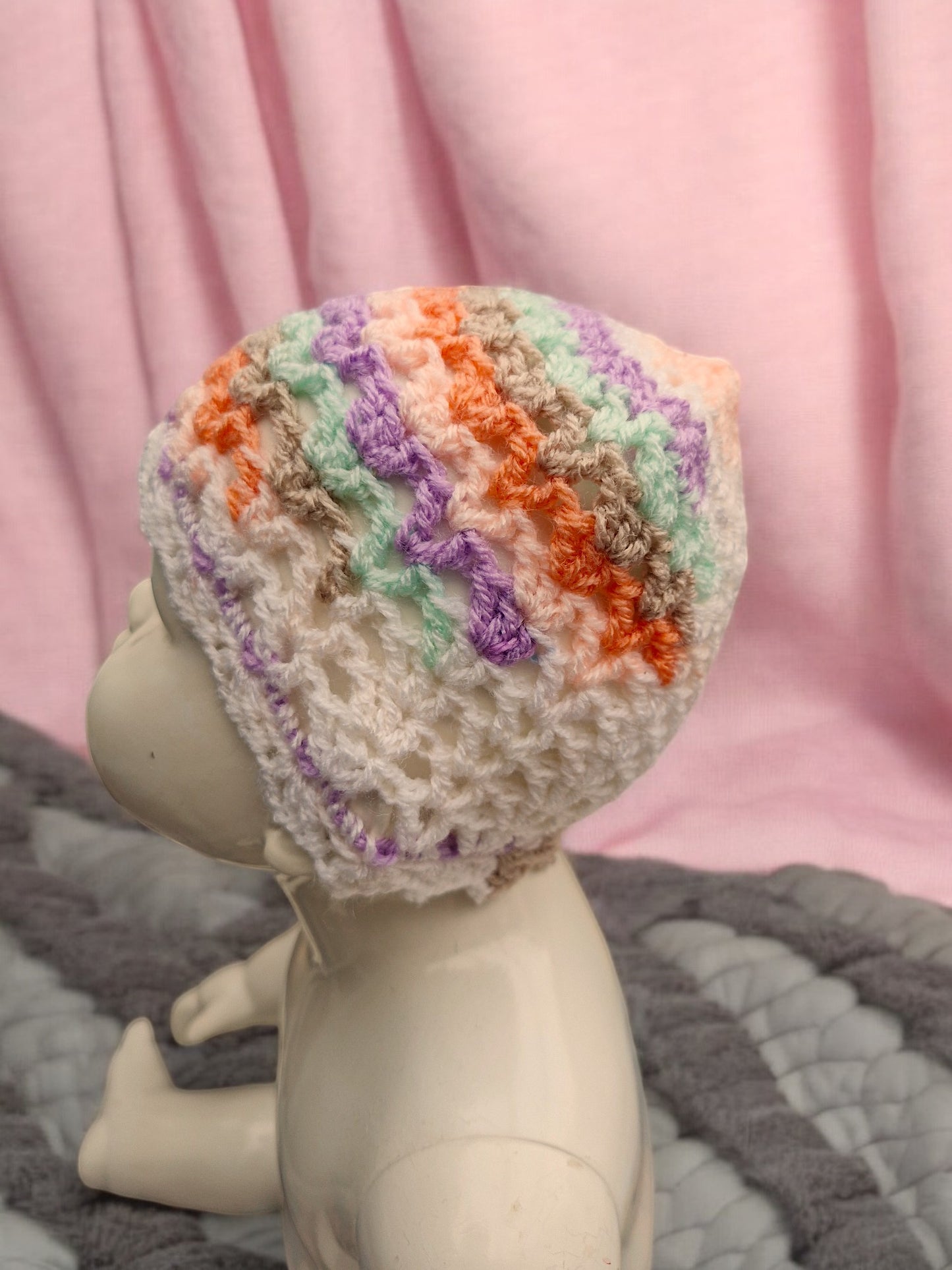 New Baby's Handmade Crochet Lace Hat - White with Mint, Purple, Orange, Fawn