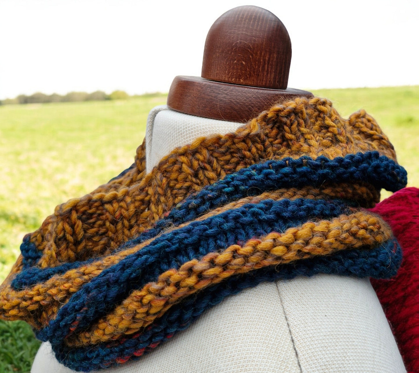 Adult's Handmade Knitted Chunky Mustard and Teal Striped Cowl