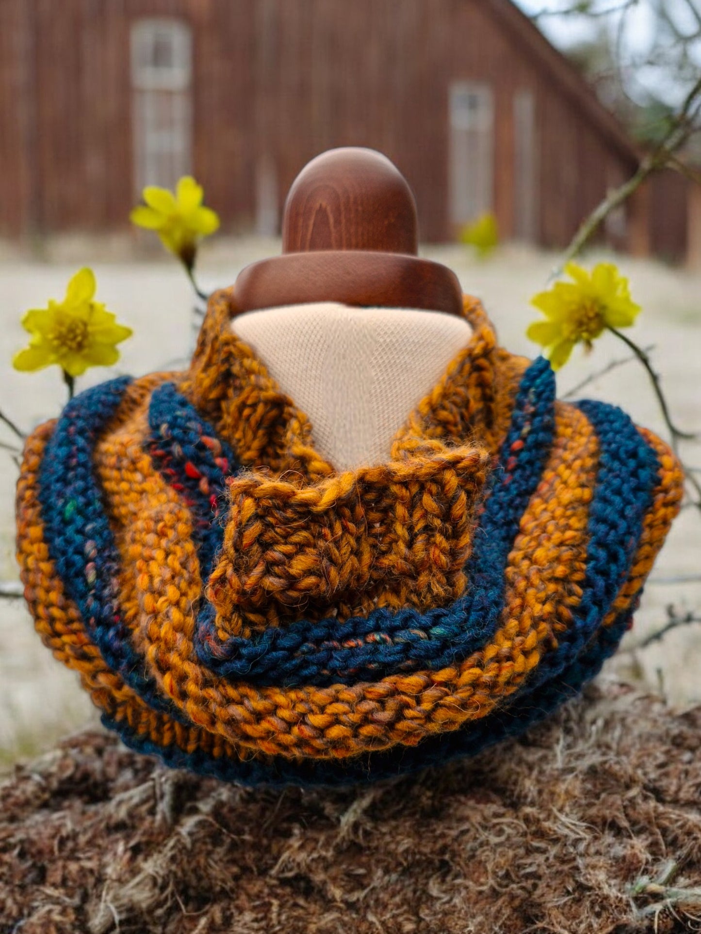 Adult's Handmade Knitted Chunky Mustard and Teal Striped Cowl