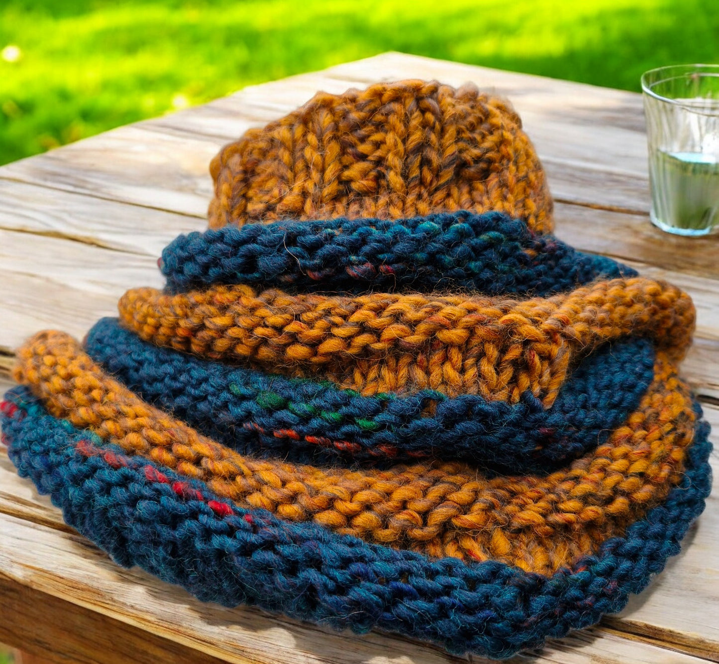 Adult's Handmade Knitted Chunky Mustard and Teal Striped Cowl