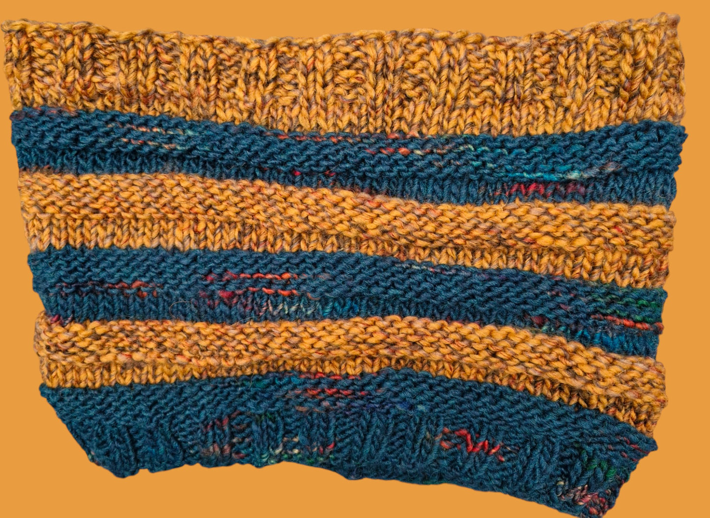 Adult's Handmade Knitted Chunky Mustard and Teal Striped Cowl