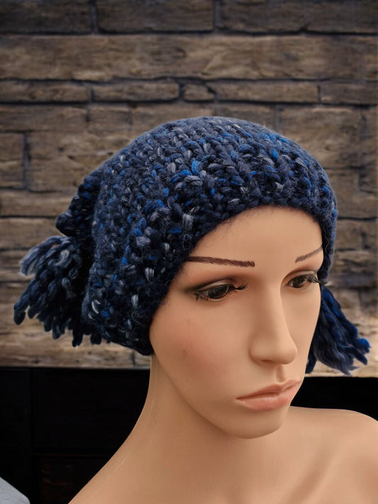 Women's Handmade Knitted Super Chunky Teabag Hat with Tassels in Dark Navy Blue tweed