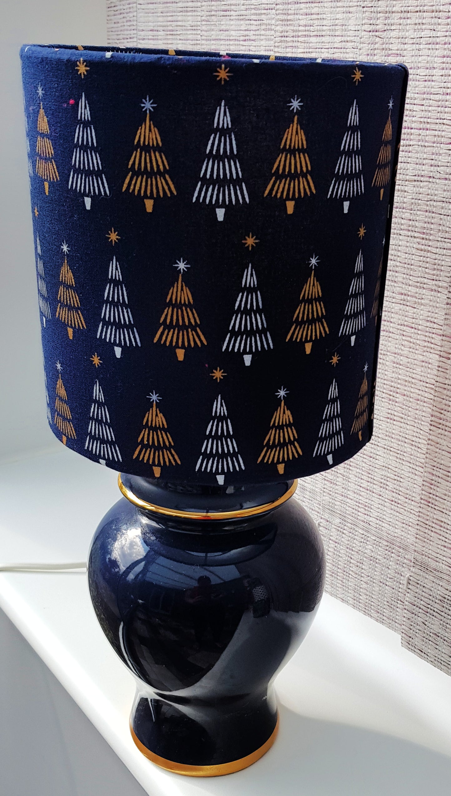 Handmade Navy Xmas Tree design Table Lampshade - 15cms Drum shape