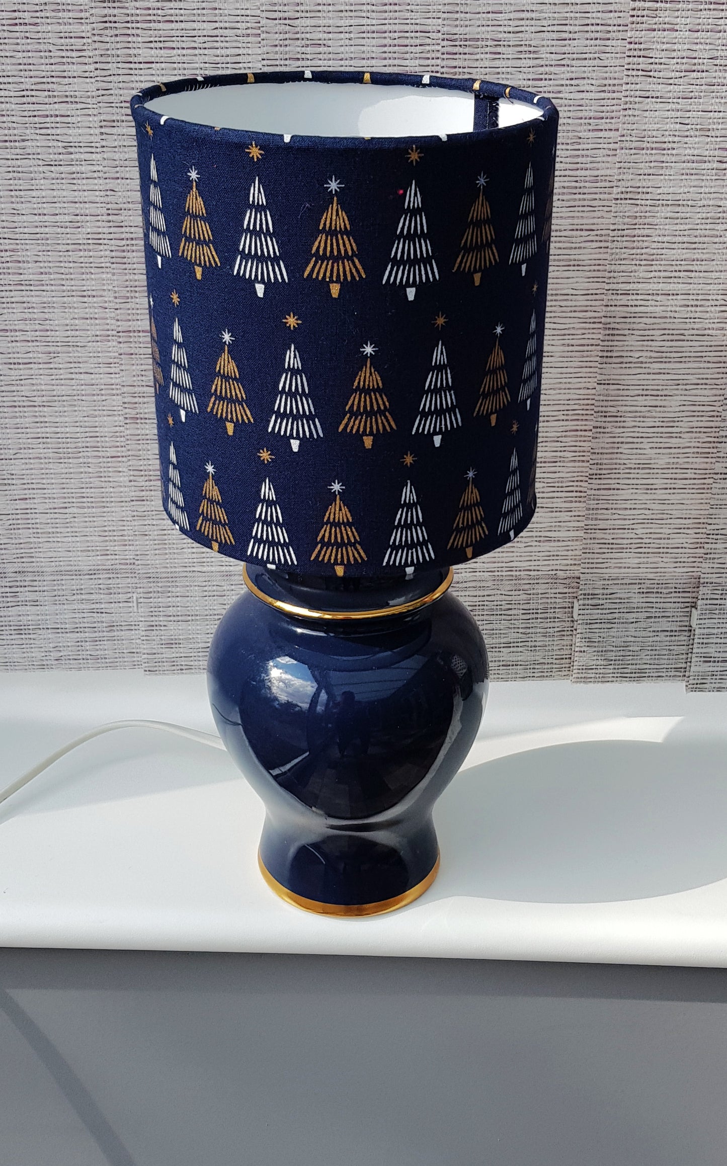 Handmade Navy Xmas Tree design Table Lampshade - 15cms Drum shape