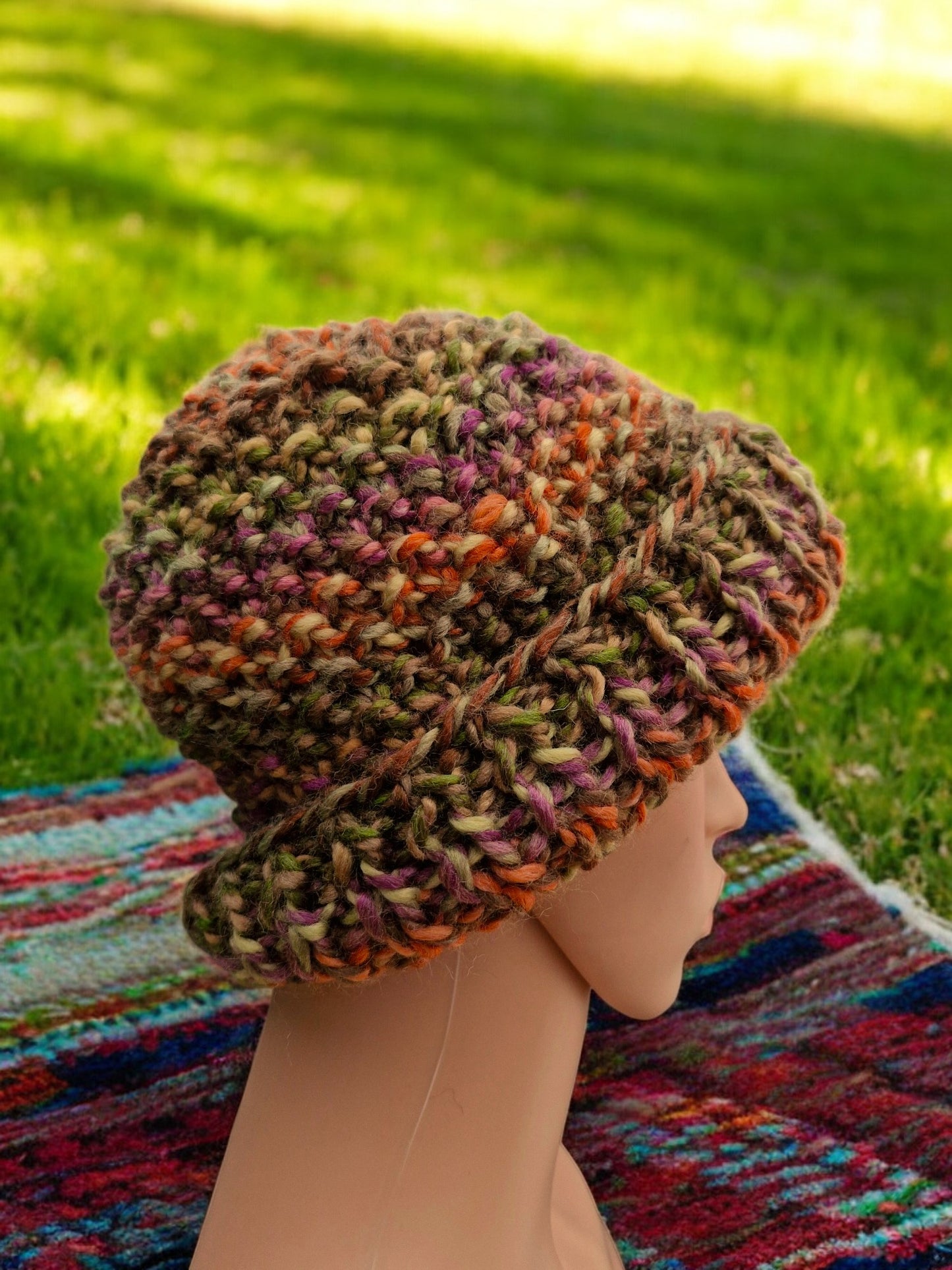 Lady's Handmade Knitted Chunky Thick Hat in Moss Stitch Brown Orange Lime Purple