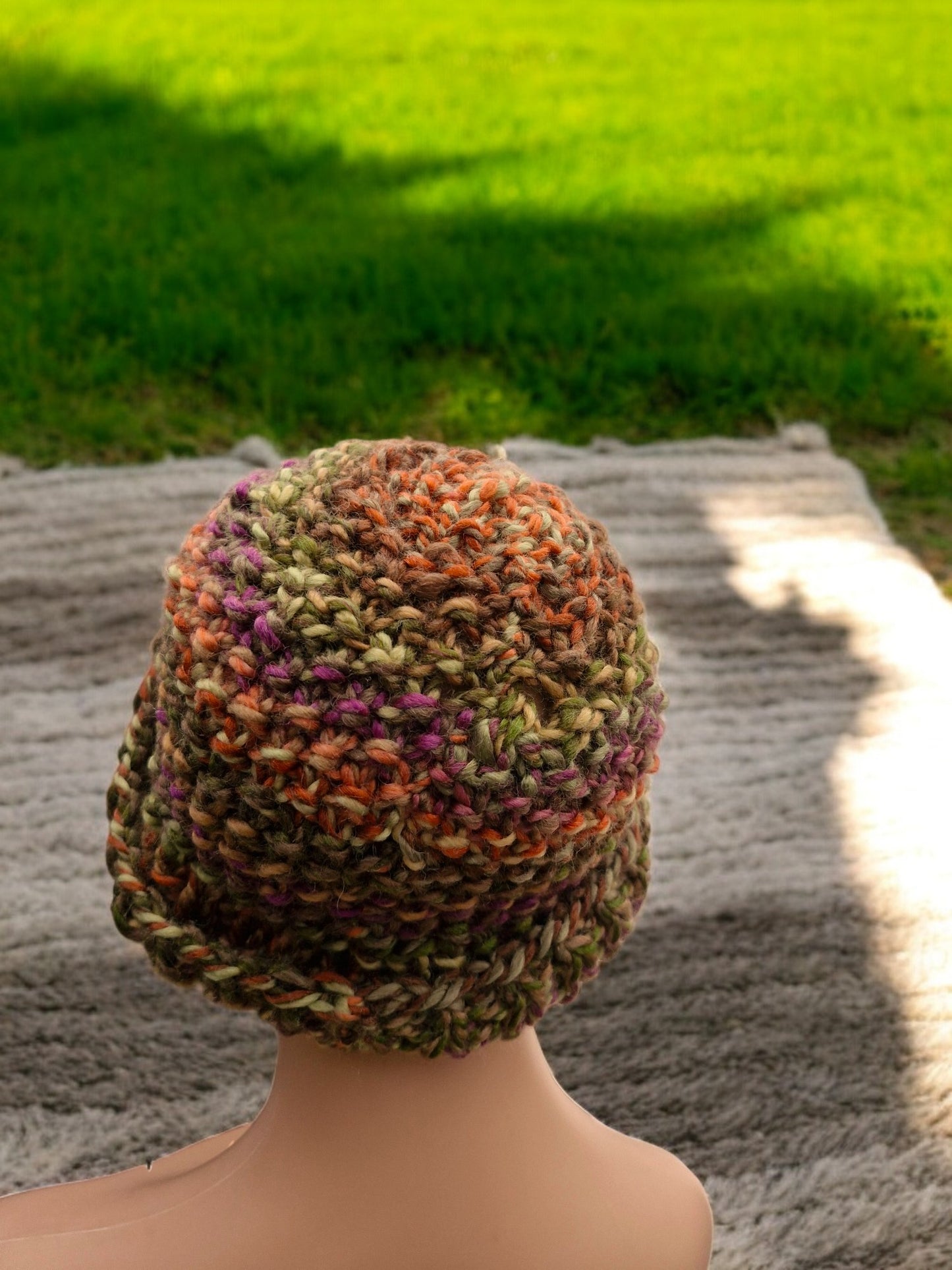 Lady's Handmade Knitted Chunky Thick Hat in Moss Stitch Brown Orange Lime Purple