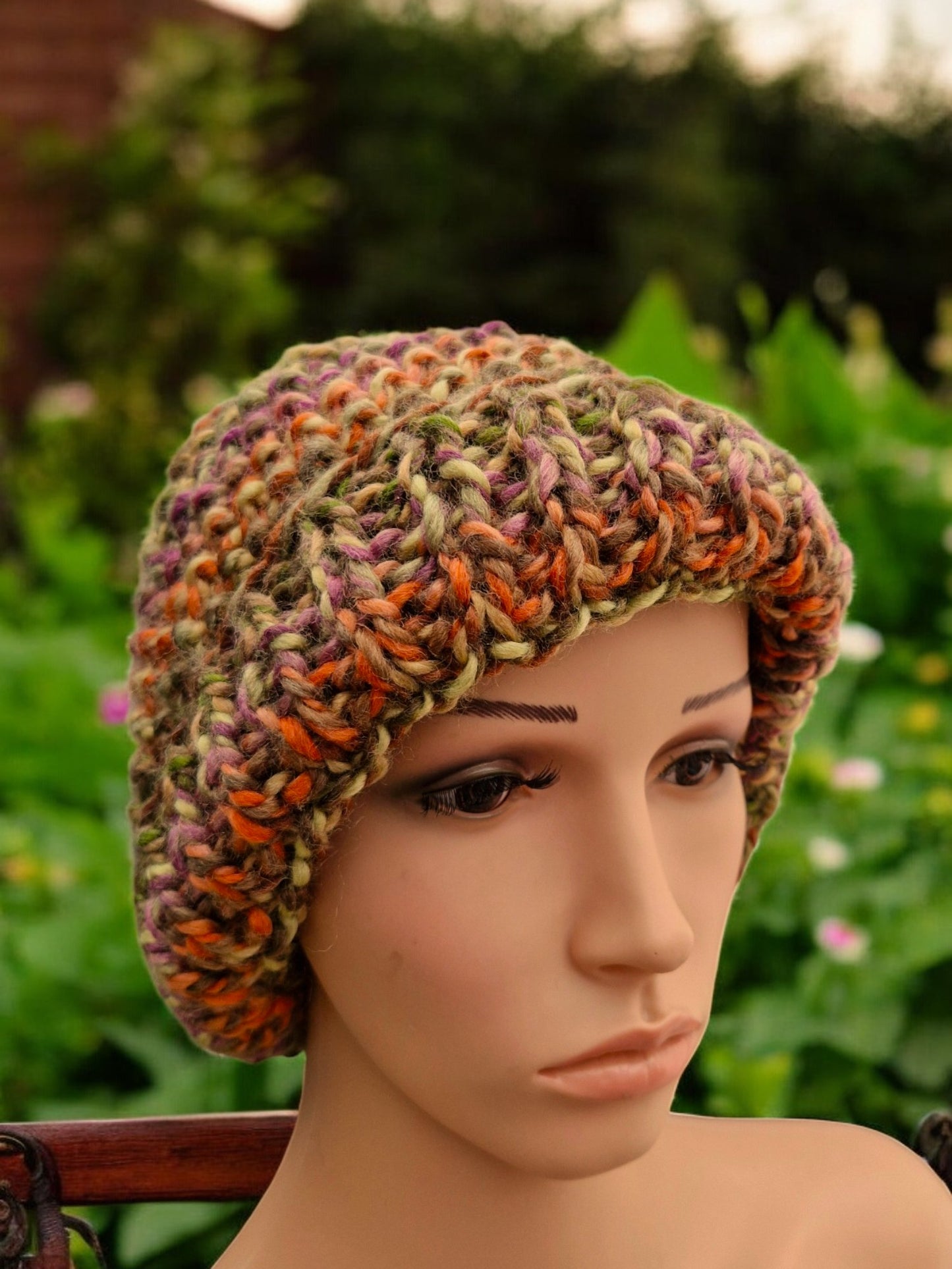 Lady's Handmade Knitted Chunky Thick Hat in Moss Stitch Brown Orange Lime Purple