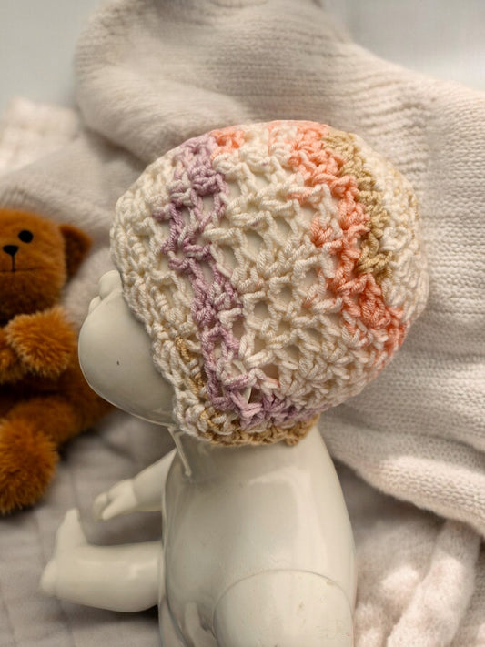 Baby's Handmade Crochet Lace Hat - Peach, Lilac, Cream, Fawn mix