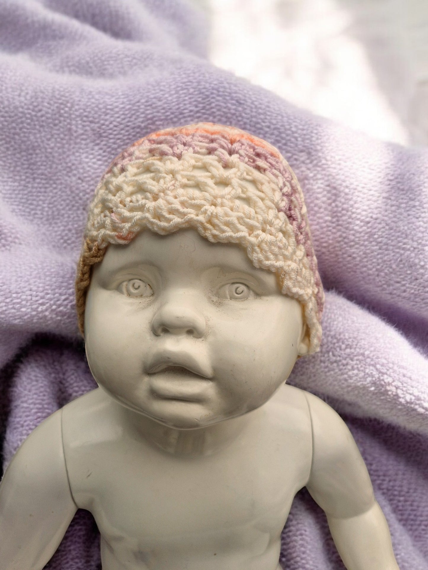 Baby's Handmade Crochet Lace Hat - Peach, Lilac, Cream, Fawn mix