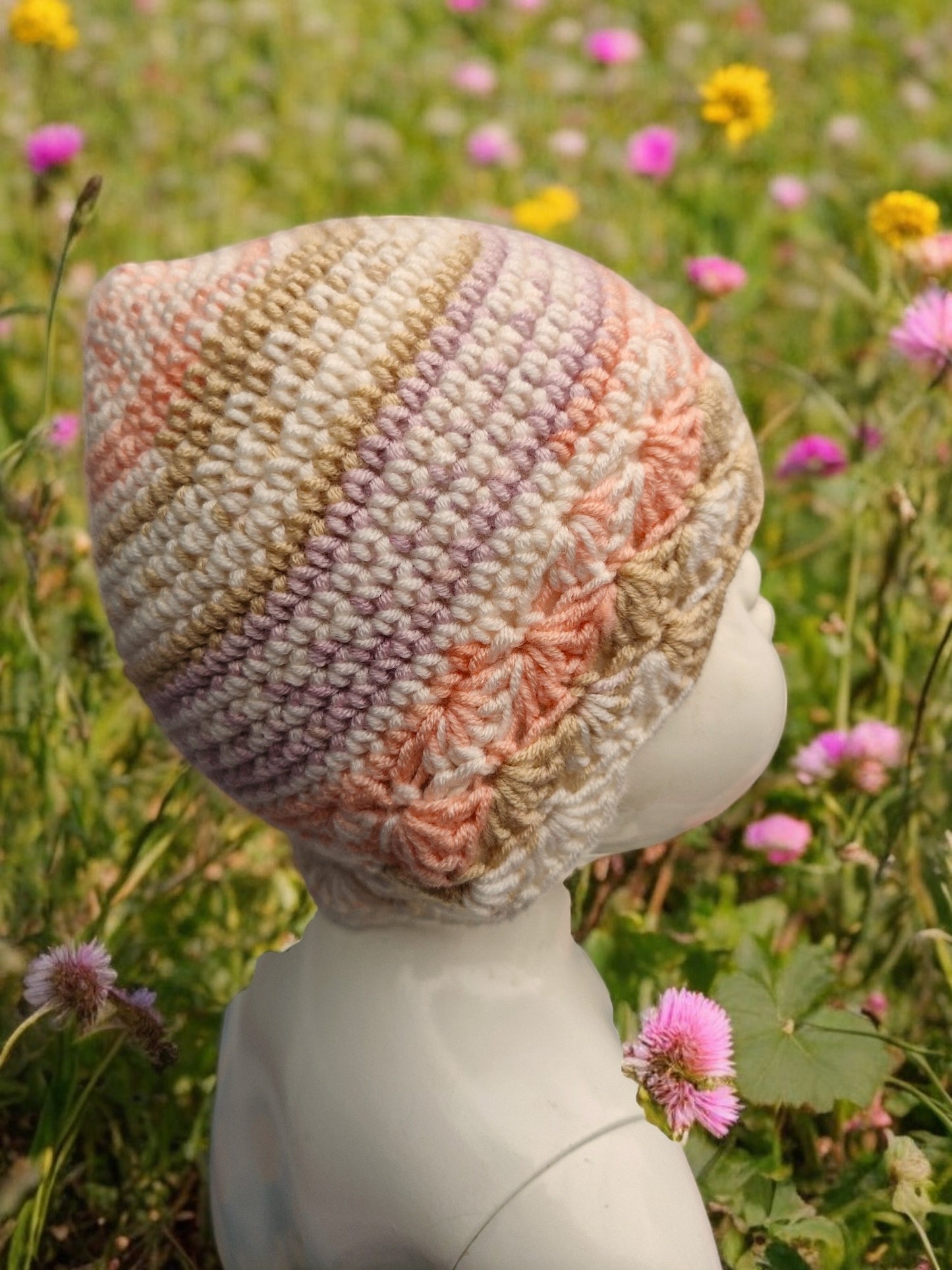 Baby's Handmade Crochet Shell Hat - Peach, Lilac, Cream, Fawn mix