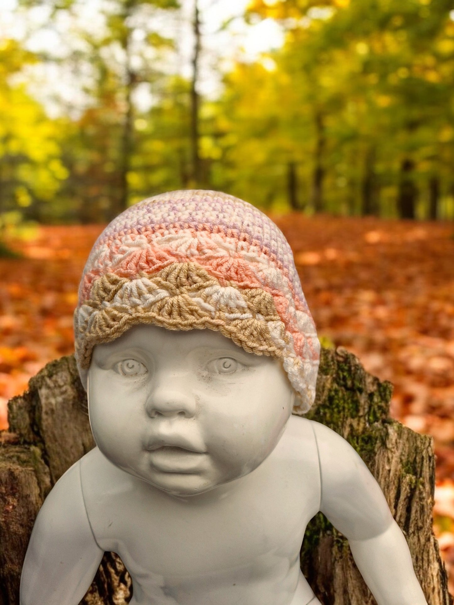 Baby's Handmade Crochet Shell Hat - Peach, Lilac, Cream, Fawn mix