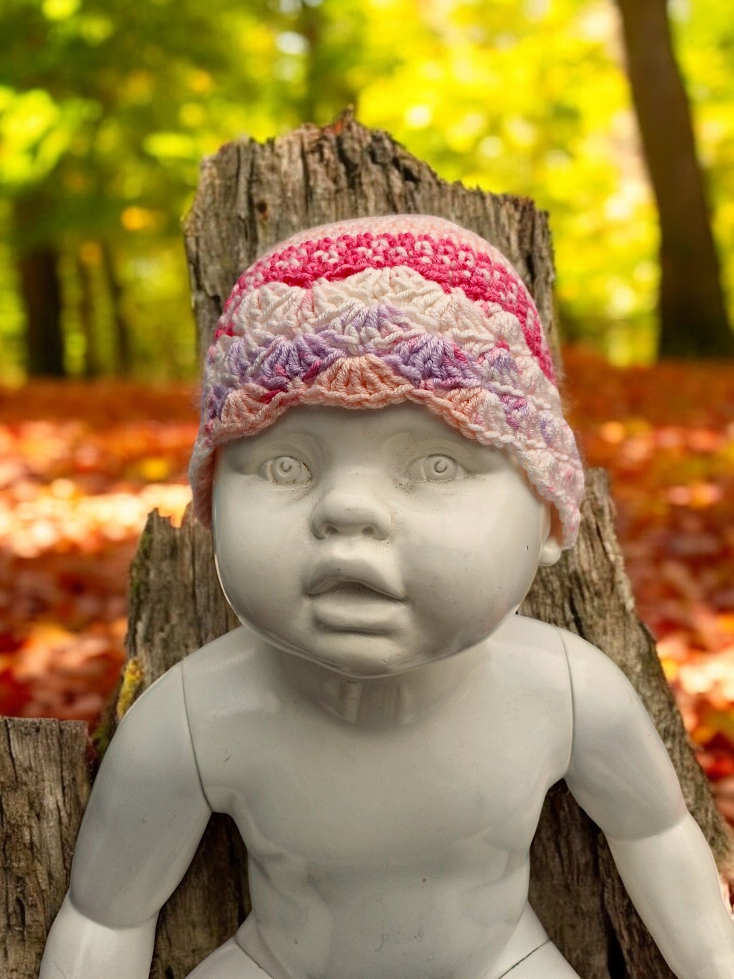 Baby's Handmade Crochet Shell Hat - Peach, Lilac, Cream, Raspberry mix