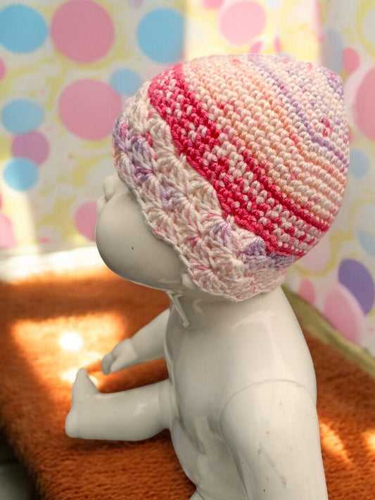 Baby's Handmade Crochet Shell Hat - Peach, Lilac, Cream, Raspberry mix