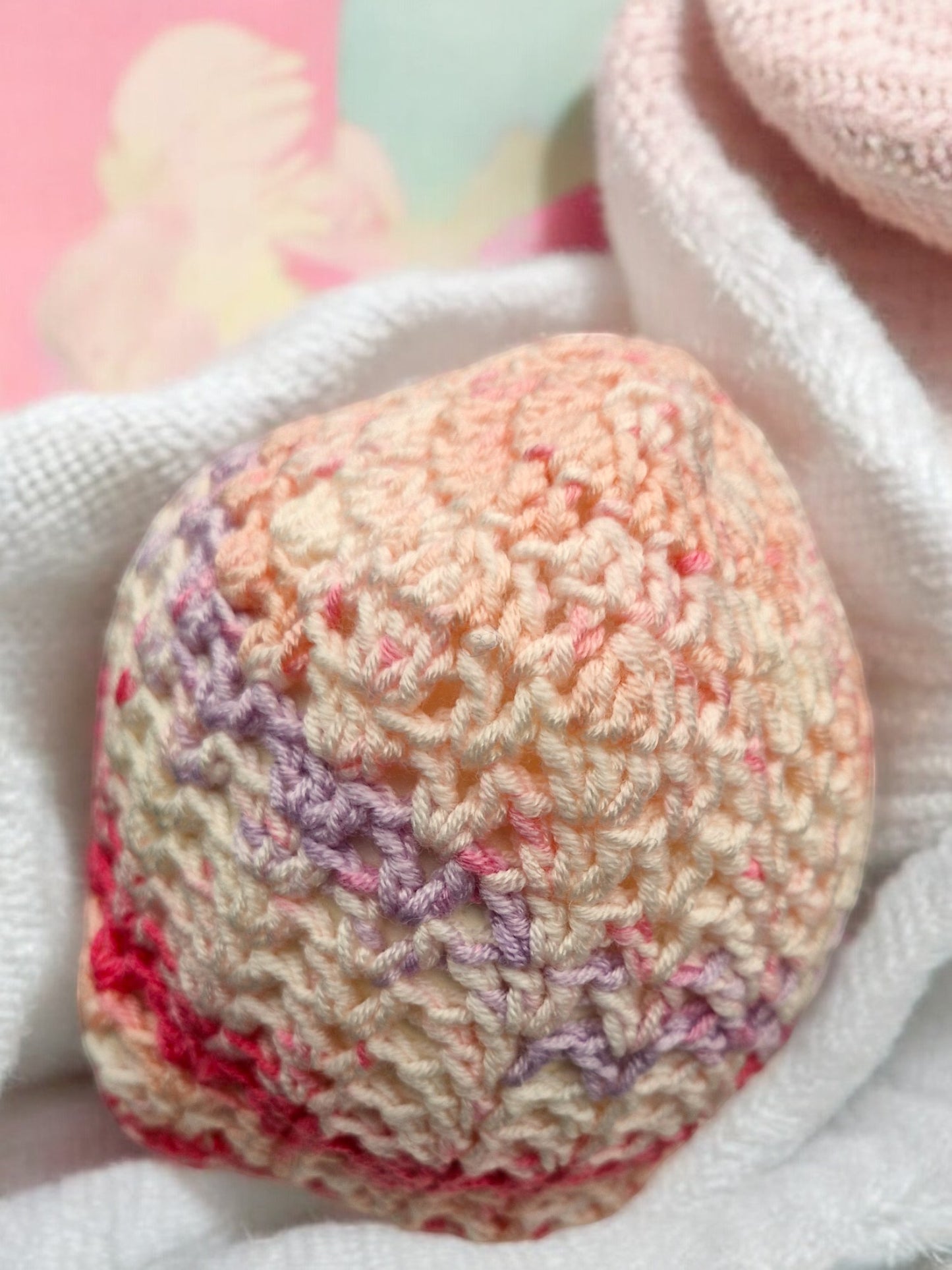 Baby's Handmade Crochet Lace Hat - Peach, Lilac, Cream, Raspberry mix