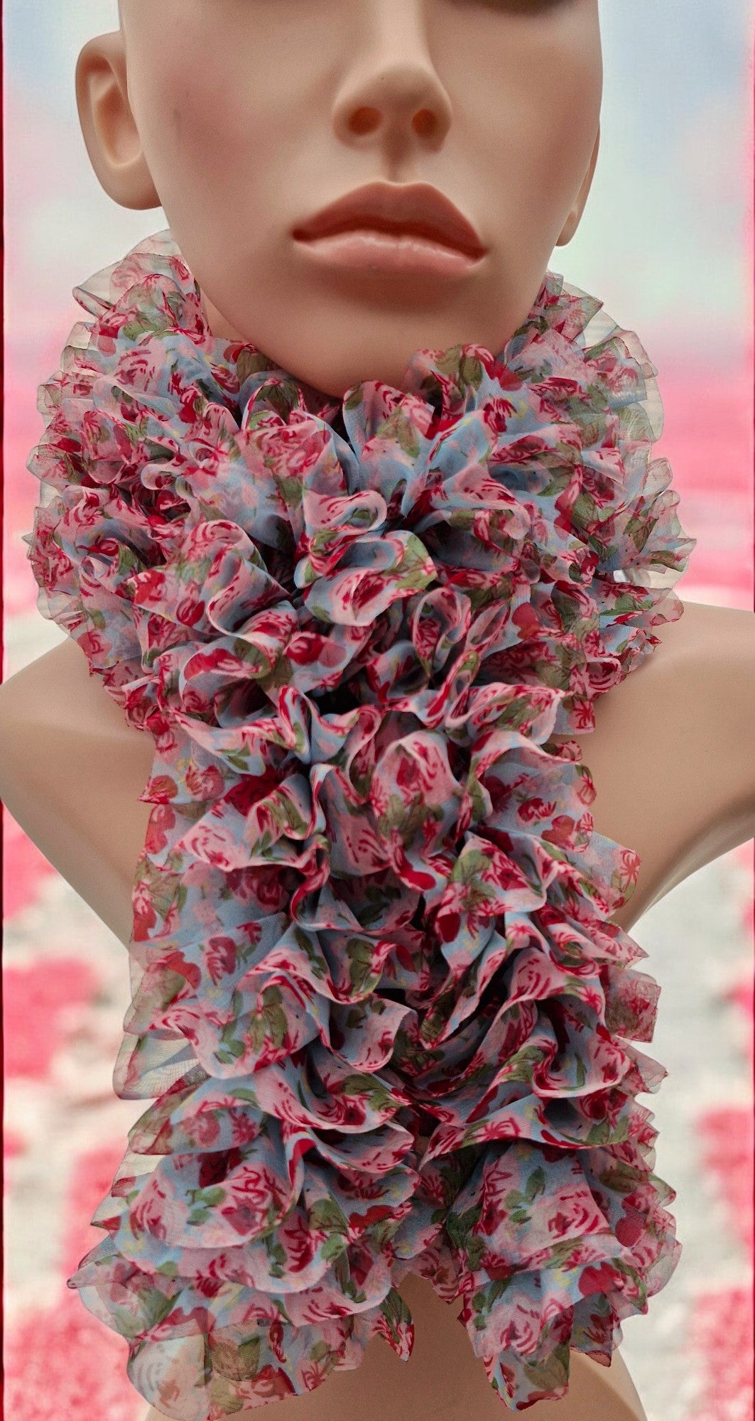 Women's Handmade Knitted Polyester Frill Scarf - Light Blue Red Rose