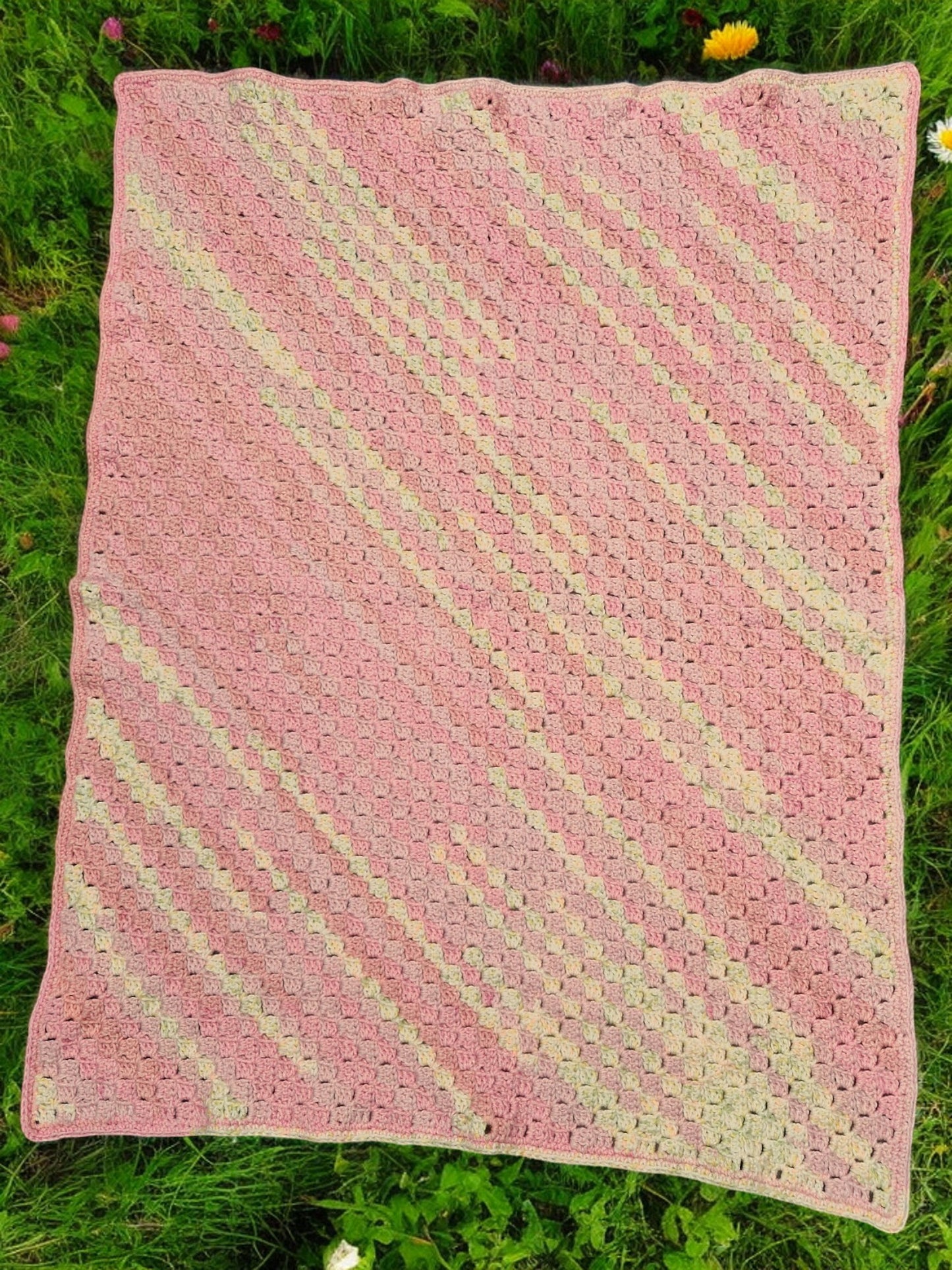 Baby's Handmade Crochet Cot or Pram Blanket in Pink and Lemon