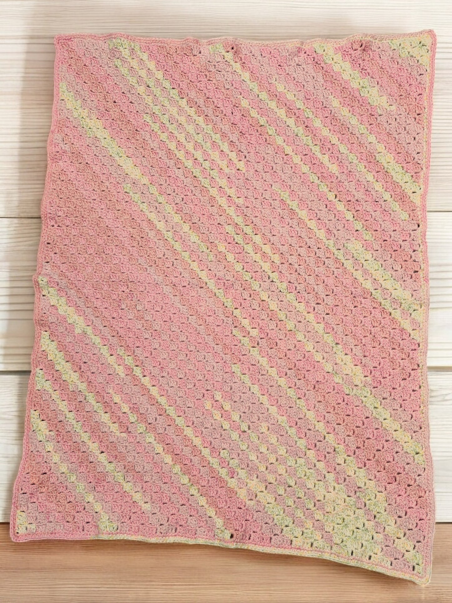 Baby's Handmade Crochet Cot or Pram Blanket in Pink and Lemon