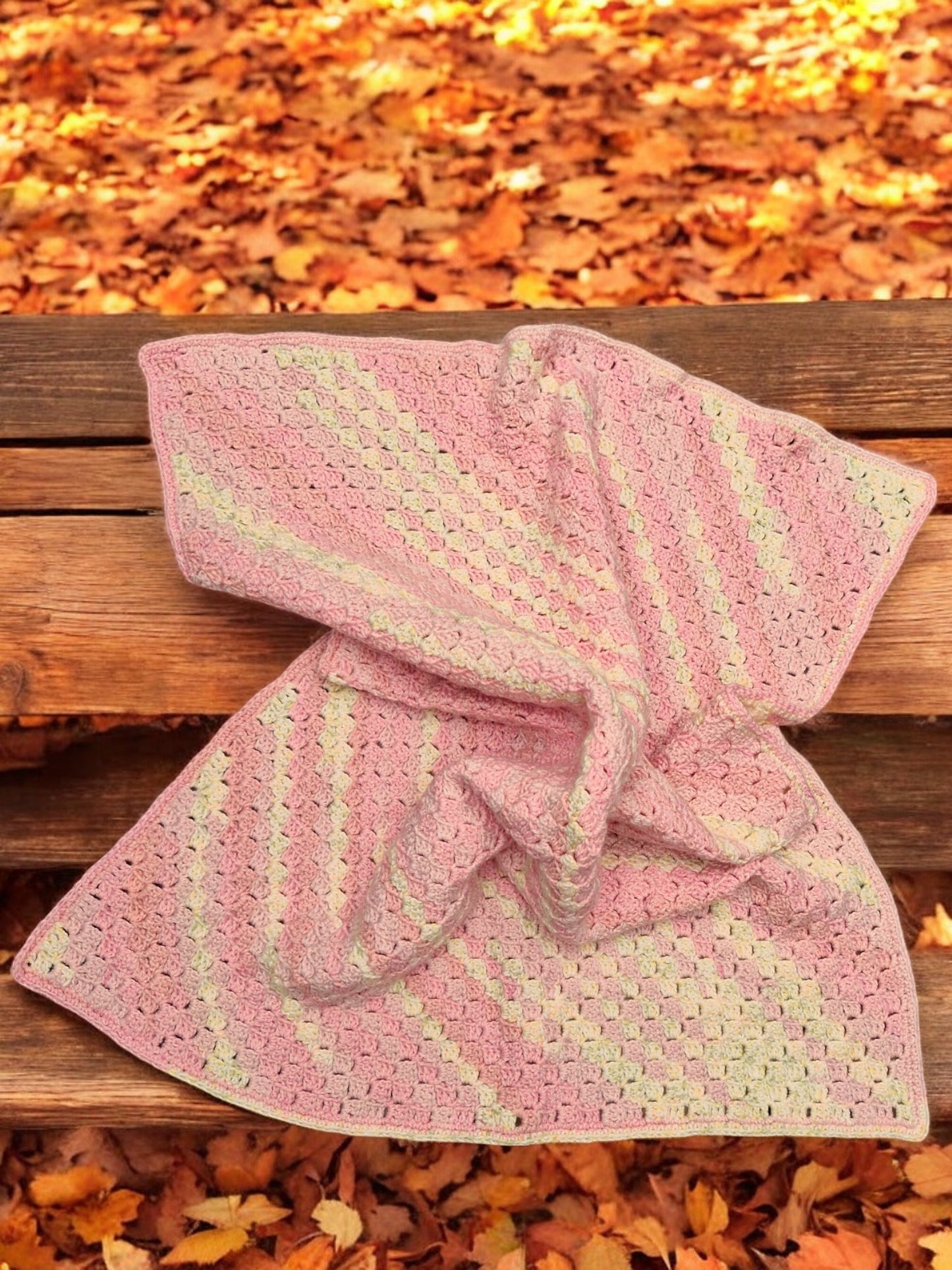 Baby's Handmade Crochet Cot or Pram Blanket in Pink and Lemon