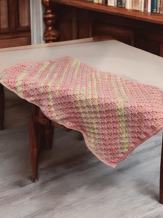 Baby's Handmade Crochet Cot or Pram Blanket in Pink and Lemon