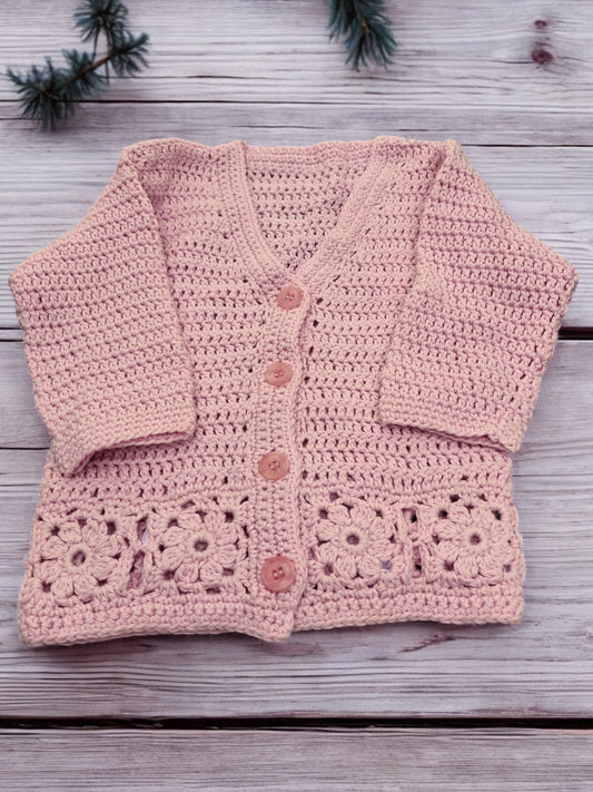 Children's Hand Crocheted Cotton Lace Cardigan in Pink