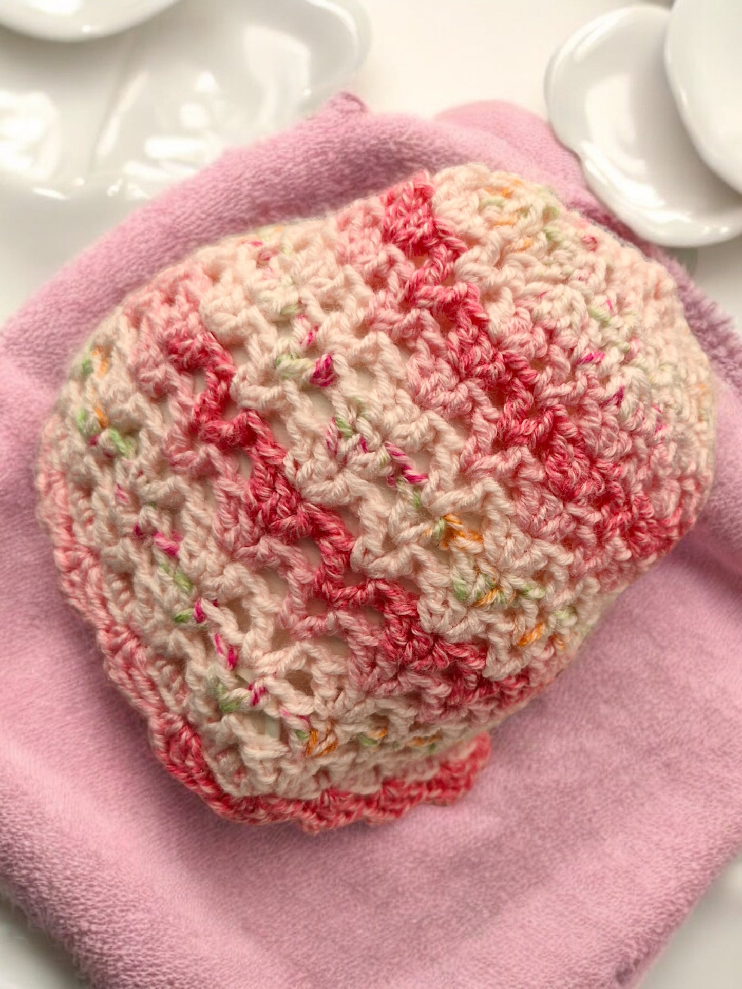 New Baby's Handmade Crochet Lace Hat - Cotton Mix in Pinks