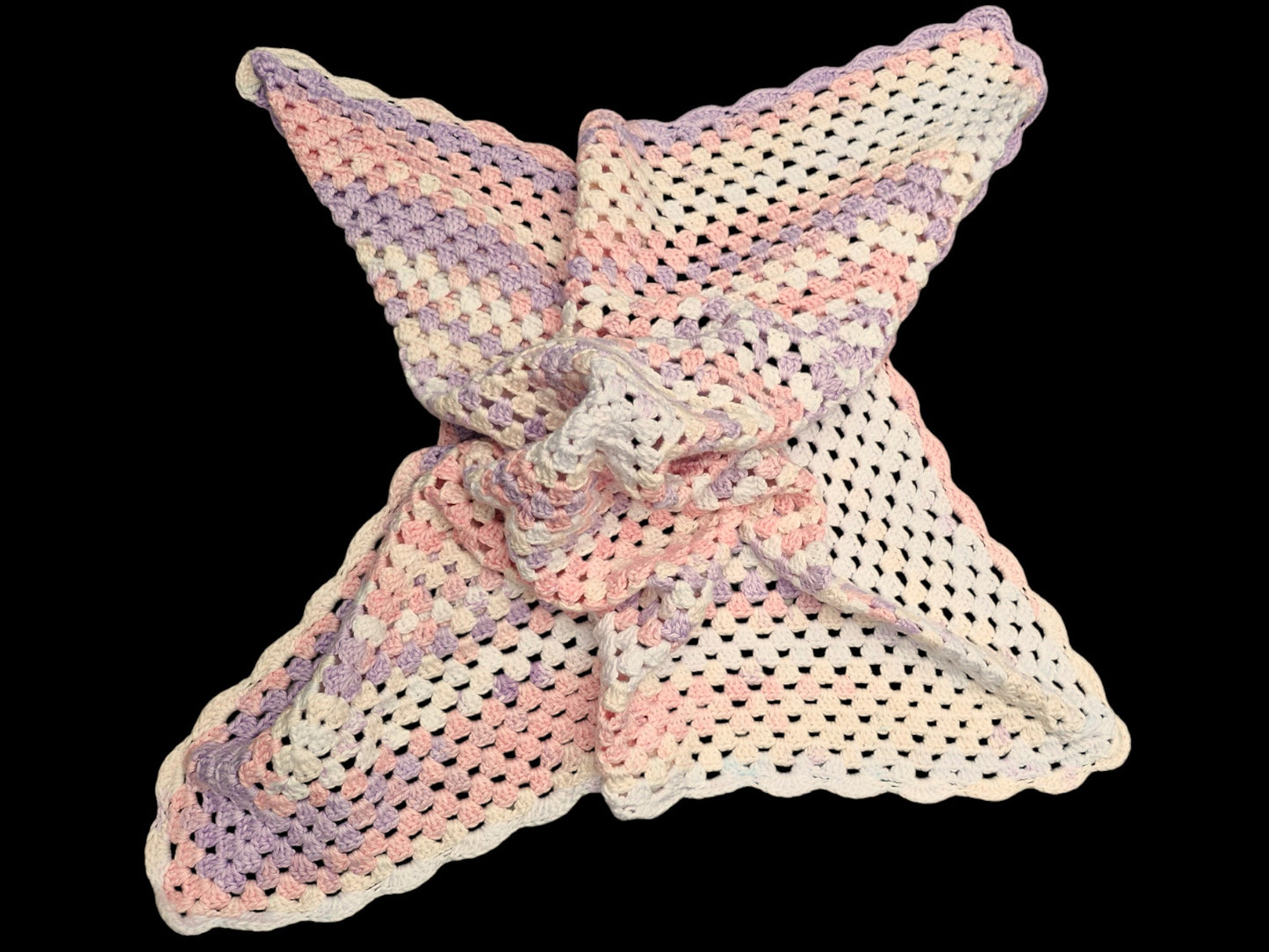 Baby's Handmade Crochet Cot or Pram Blanket in White, Pink, Lilac Cotton