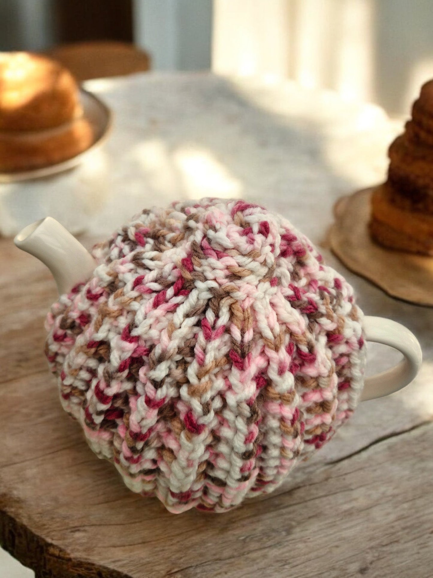 Handmade Knitted Chunky Tea Cosy in Cream and Pink