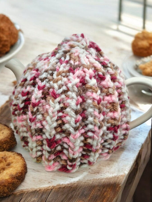 Handmade Knitted Chunky Tea Cosy in Cream and Pink