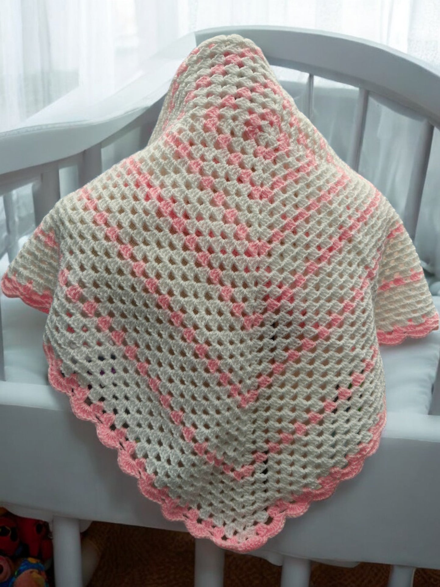 Baby's Handmade Crochet Granny Square Cot or Pram Blanket in White and Pink