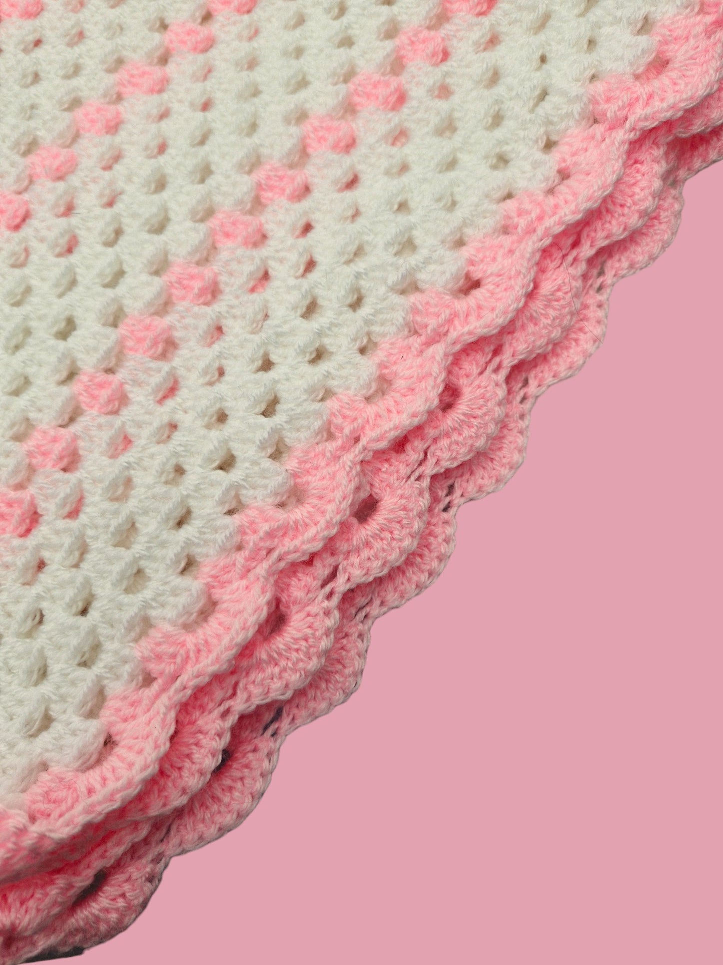 Baby's Handmade Crochet Granny Square Cot or Pram Blanket in White and Pink