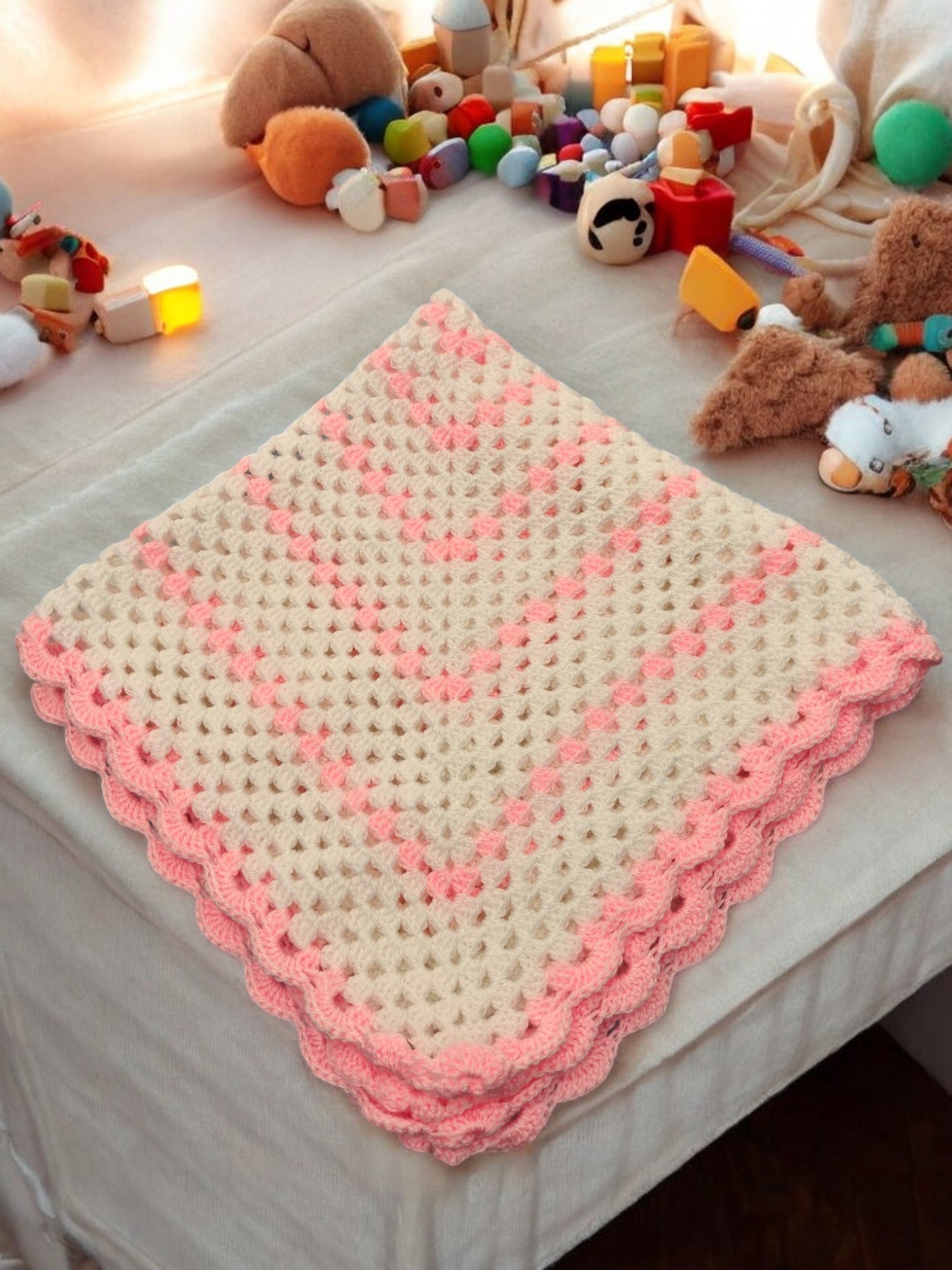 Baby's Handmade Crochet Granny Square Cot or Pram Blanket in White and Pink