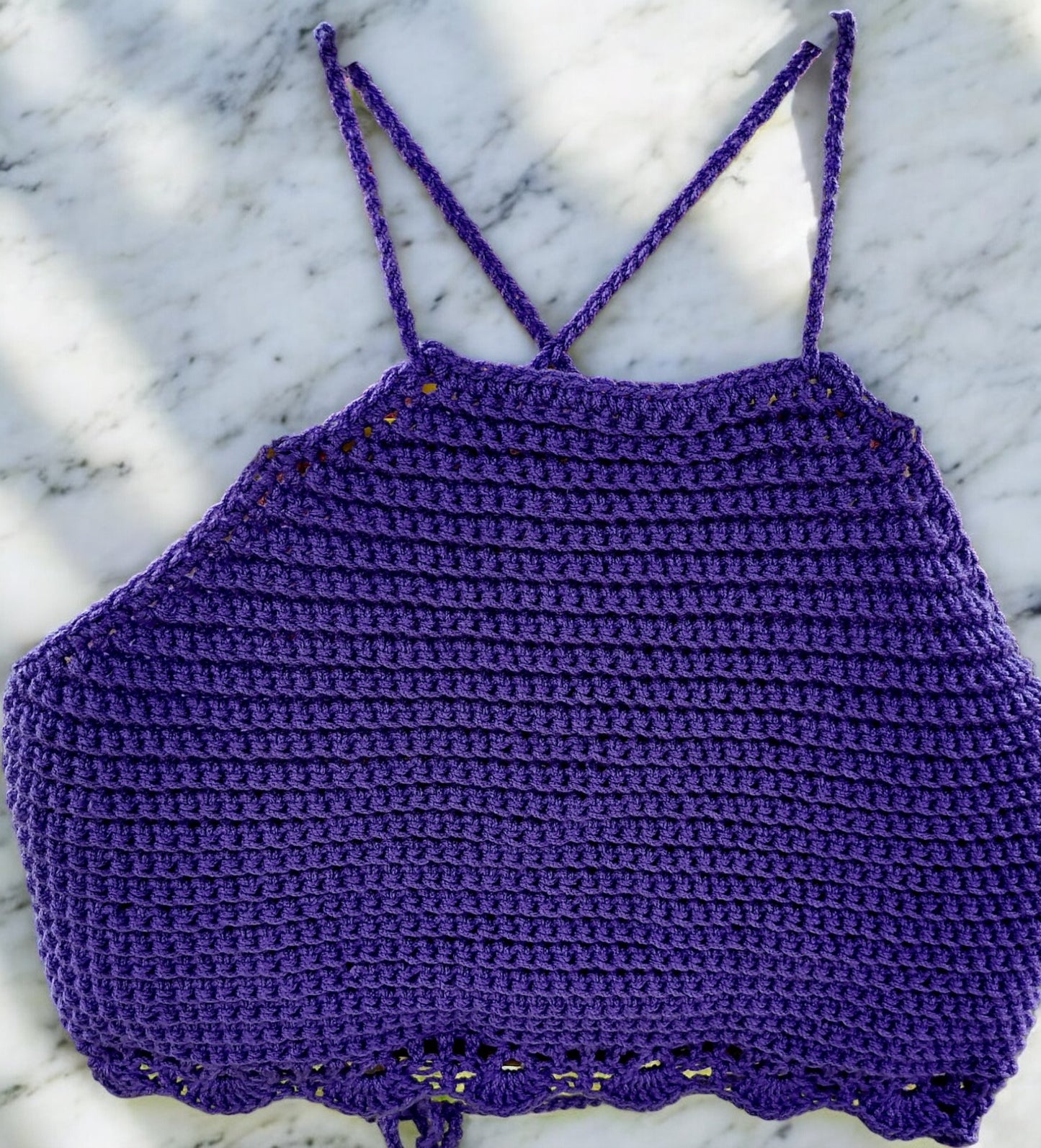 Women's Handmade Crochet Cropped Cross Back Top in Purple with Lace Edging