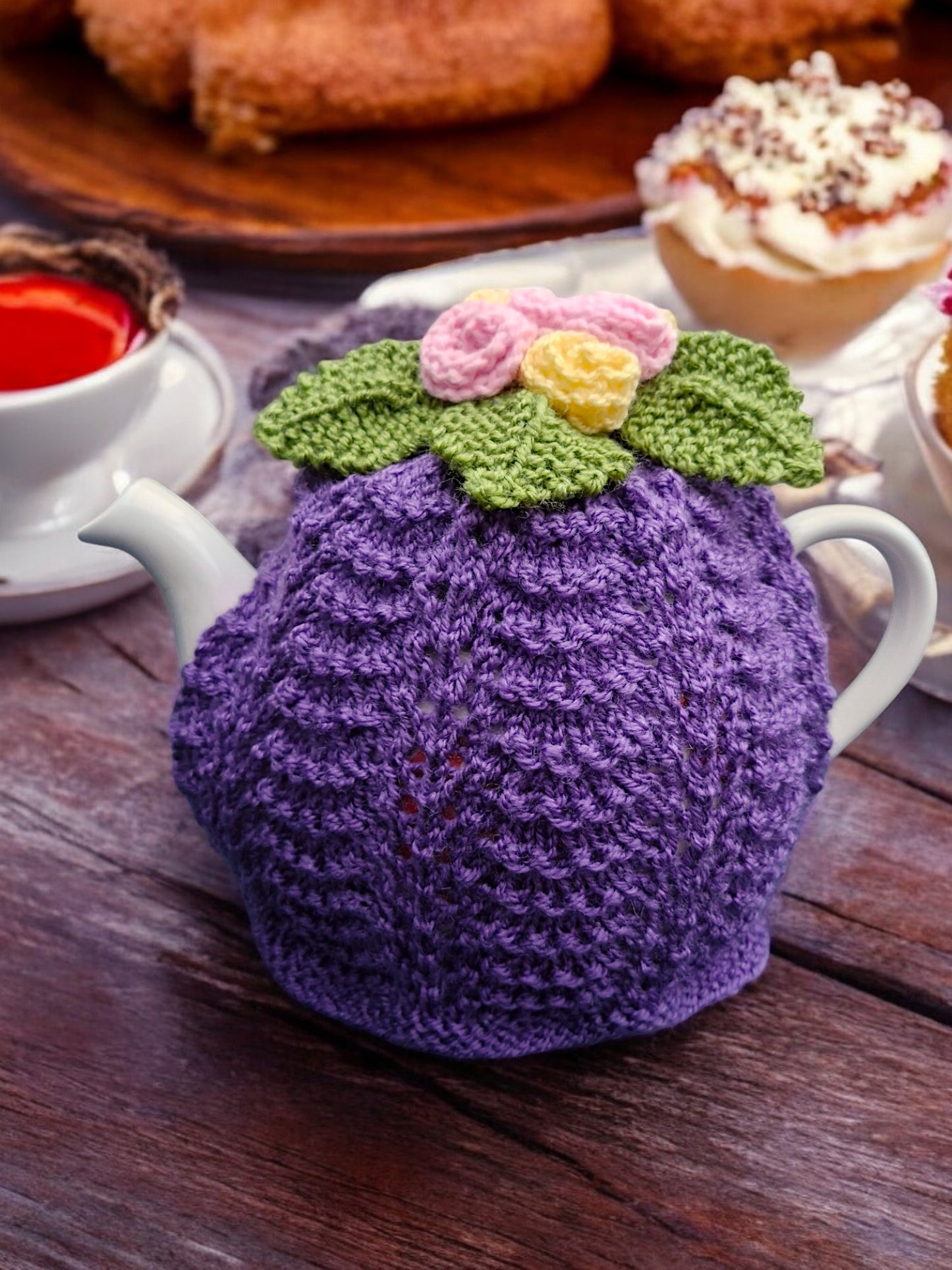 Handmade Knitted Wavy Lace Tea Cosy with Flowers and Leaves