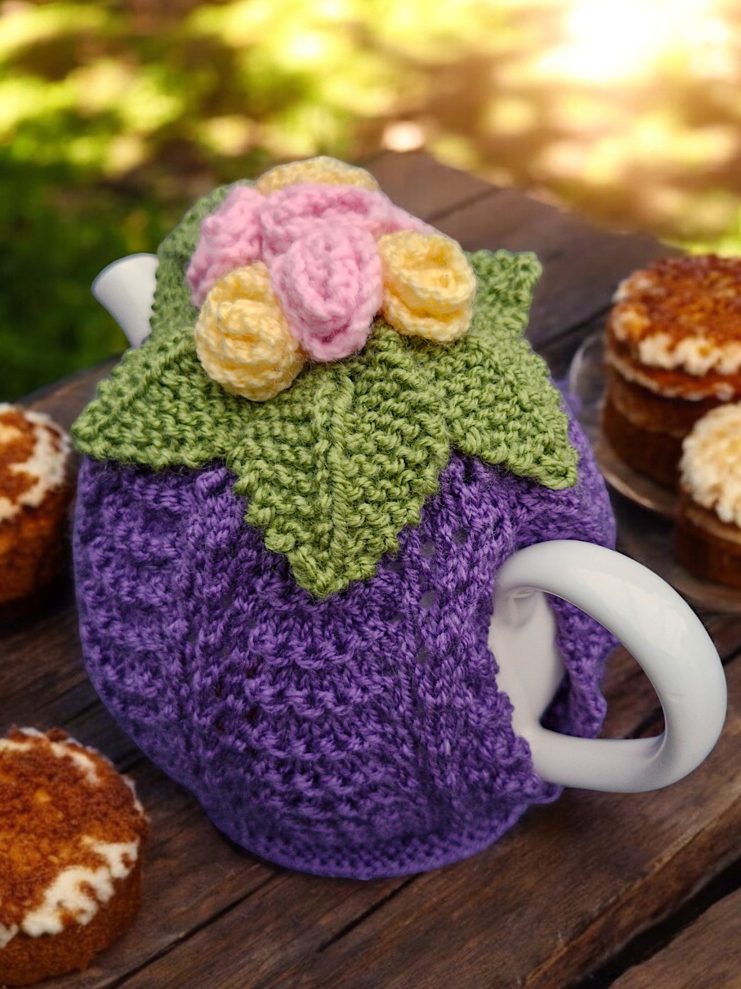 Handmade Knitted Wavy Lace Tea Cosy with Flowers and Leaves