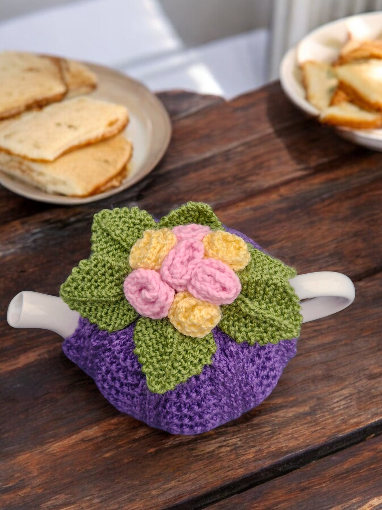 Handmade Knitted Wavy Lace Tea Cosy with Flowers and Leaves