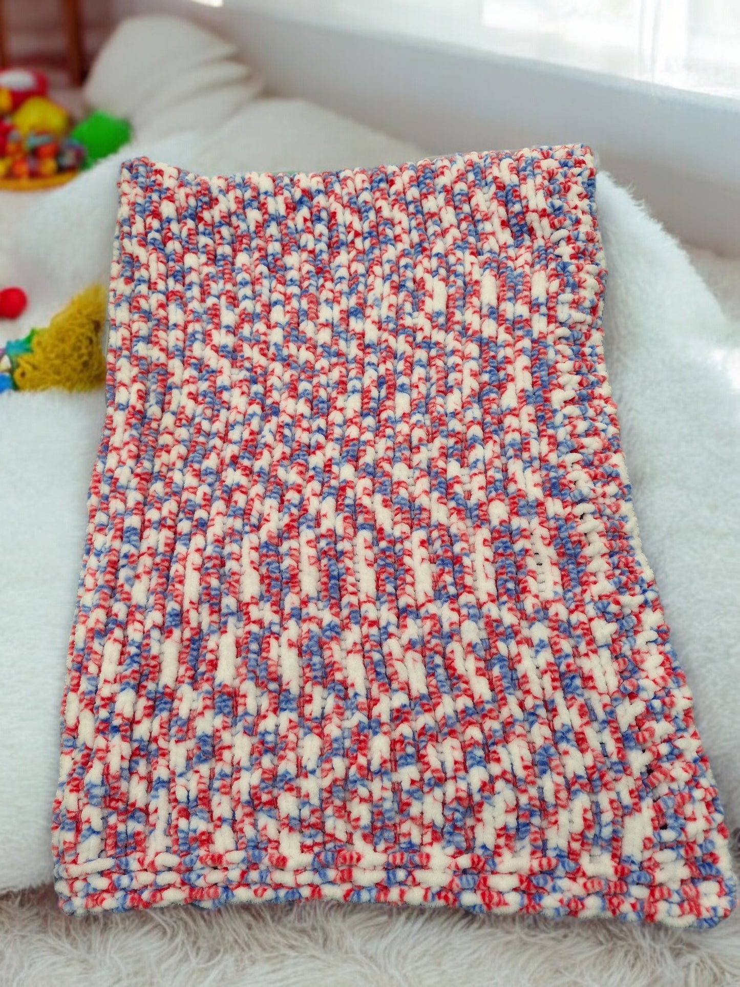 Baby's Handmade Knitted Cot or Pram Blanket in Red Blue and White