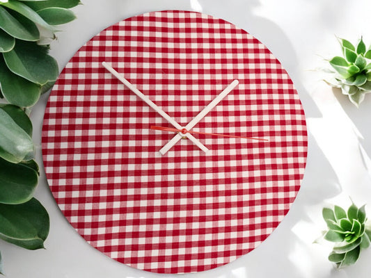 Red or Pink and White Checked Clock Handmade 30cms 12" Diameter