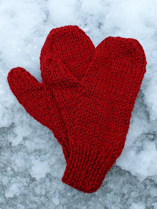 Adult's Mittens - Handmade Knitted Chunky Dark Red Tweed