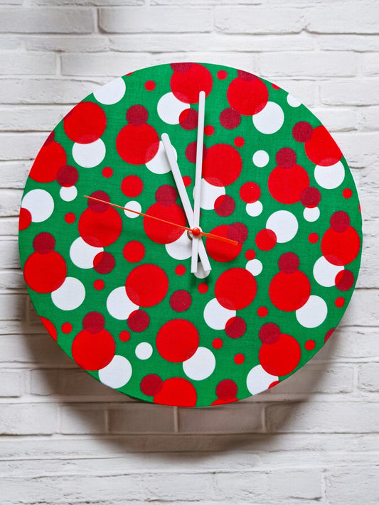 Green Clock with Red and White Spots Handmade 30cms 12" Diameter